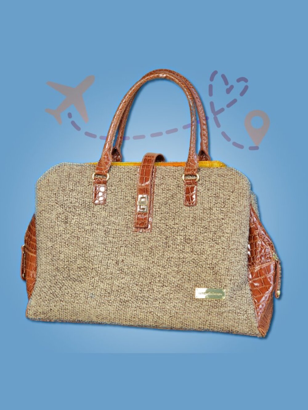 Samantha Brown Vintage Tweed Weekender Travel Tote Brown Faux Croc Carry-On Bag